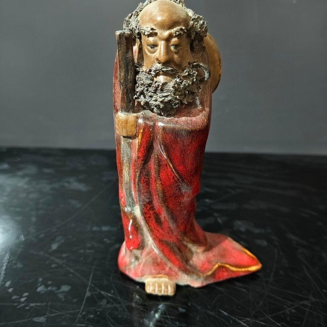 1960s Vintage Shiwan Ceramic Sculpture of Bodhidharma (Da Mo) in Red Robe For Sale - Image 5 of 8