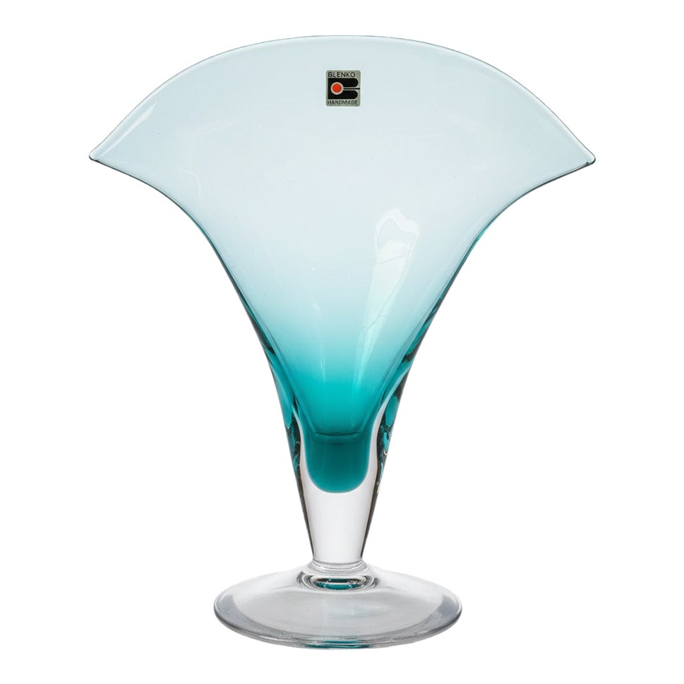 Blenko Turquoise Ruffled Pedestal Vase With Block B Label | Chairish