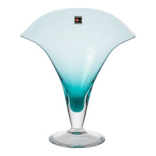 Blenko Turquoise Ruffled Pedestal Vase With Block B Label For Sale