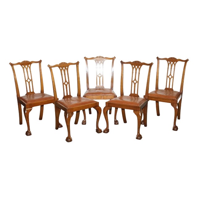 Chippendale Style Dining Chairs with Leather Seats, Set of 5 For Sale
