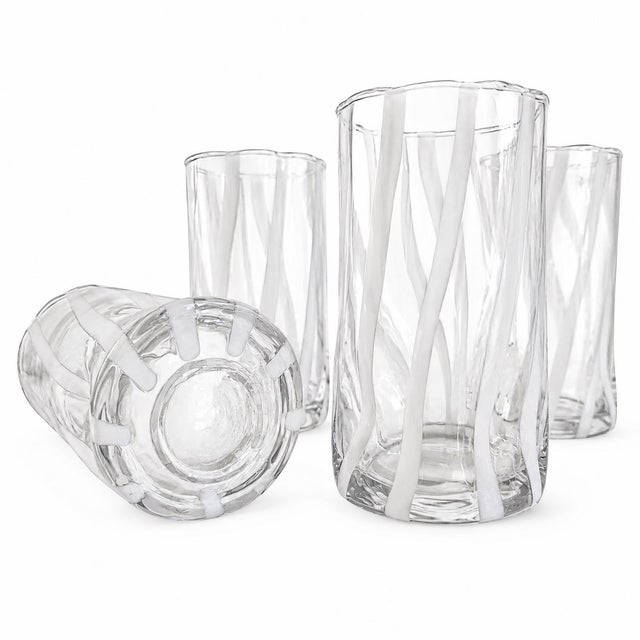 White Stripe Scallop Rim Italian Murano Glass Tumblers - Set of 6 For Sale In Chicago - Image 6 of 6