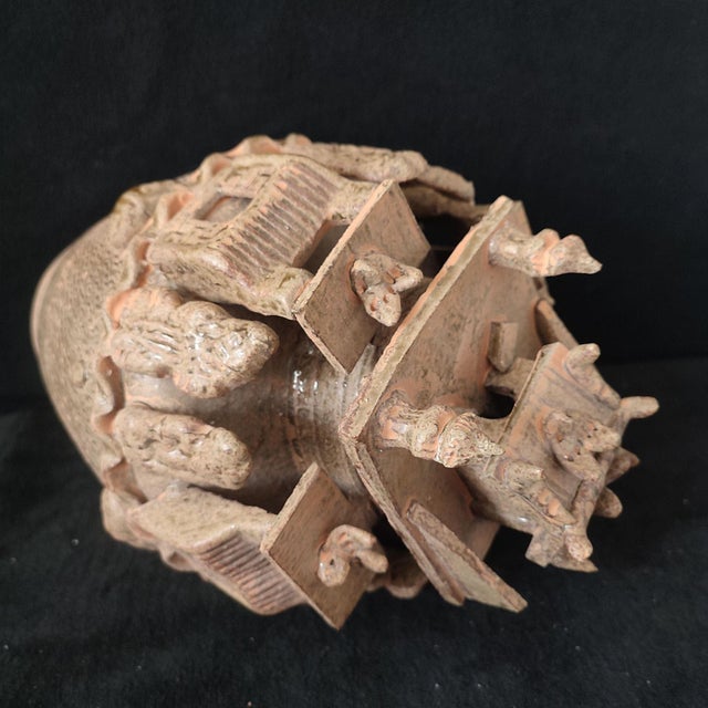 Chinese Ceramic Pot,Brown Glaze Porcelain Granary Jar Hand Carved Figures and Architecture Pattern For Sale - Image 9 of 11