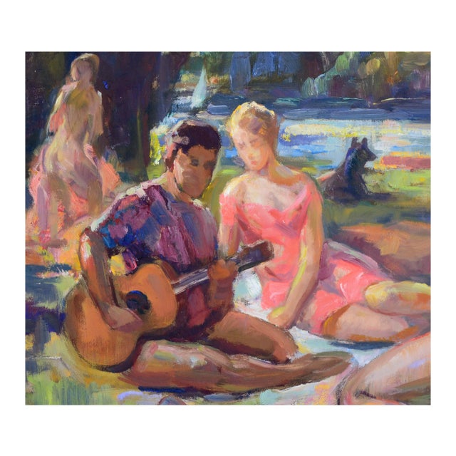 Abstract Picnic in the Park - Mid Century Figurative Landscape by Albert Genta For Sale - Image 3 of 4