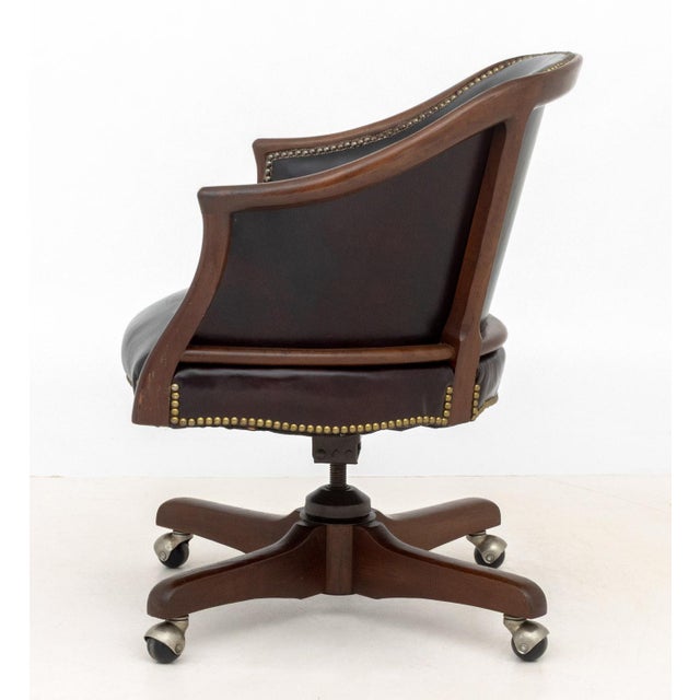 Wood Modern Leather Upholstered Mahogany Swivel Chair For Sale - Image 7 of 8