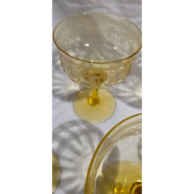 Add a cheerful pop of vintage color to your table with this beautiful set of five yellow Depression glass champagne coupes...