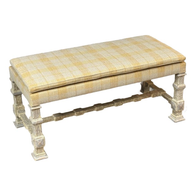 French Country Louis XIII Style Plaid Upholstered Bench For Sale