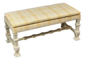 French Country Louis XIII Style Plaid Upholstered Bench