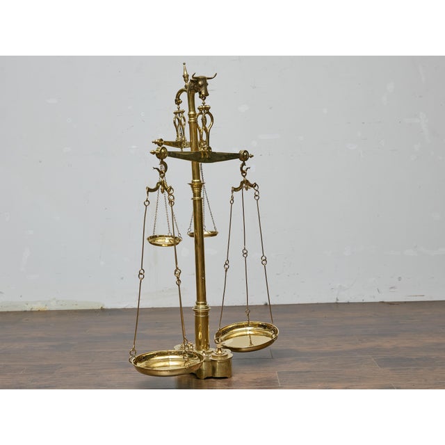 Large 19th Century English Brass Scale With Weights and Bull Finial For Sale - Image 14 of 16