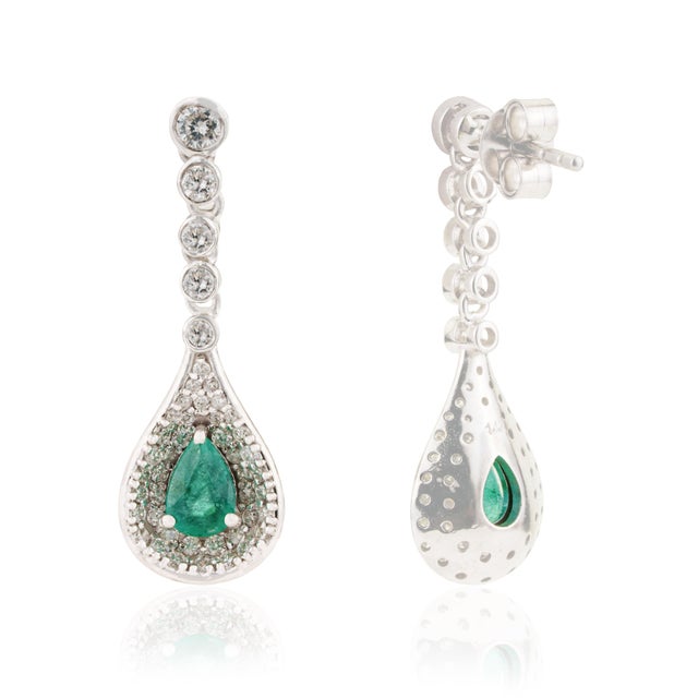 Luxury Pear Cut Zambian Emerald & Diamond Halo Drop Earrings in 14k White Gold- A Pair For Sale In New York - Image 6 of 11
