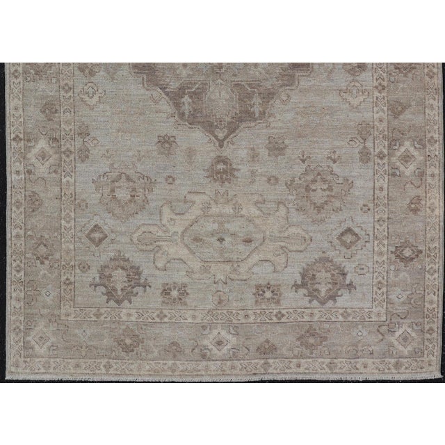Modern Oushak Rug With Lt Blue Field and Warm Brown Medallion Design 4'11 X 7'8 For Sale - Image 4 of 12