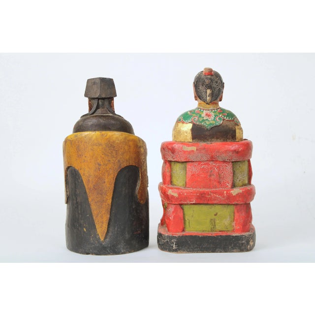 Pair of Chinese Wood Carved Polychrome and Gilt Decorated Figures For Sale In Los Angeles - Image 6 of 12
