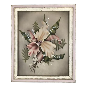 1940s Airbrushed Daffodil Flowers with Bow Still Life Painting by Terone, Framed