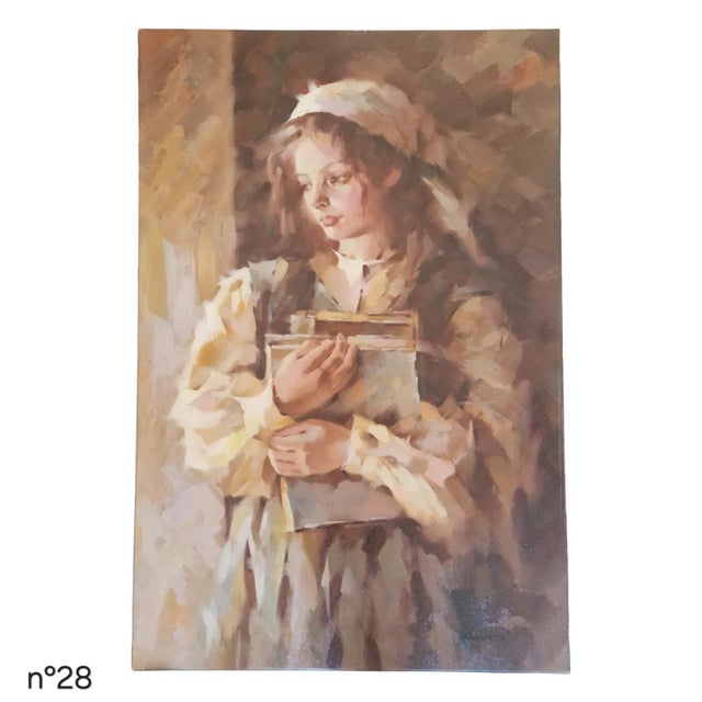 Oil on canvas depicting a young girl in soft, warm light, gently holding a book against her chest. The composition is...