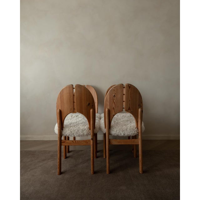 Scandinavian Modern Pine Dining Chairs in Faux Sheepskin, 1970s, Set of 4 For Sale - Image 6 of 18