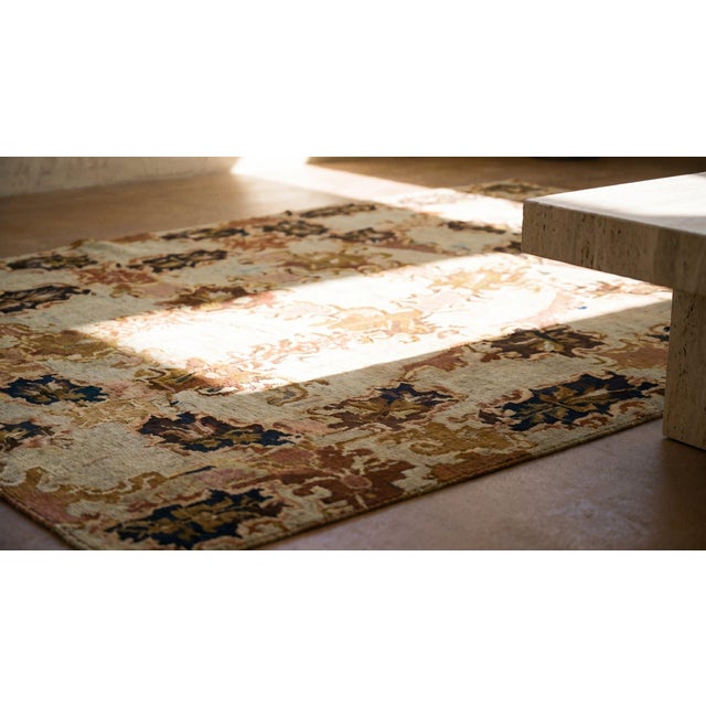1890s Camel Floral Antique European English Needlepoint Rug 4'8" X 5'6" Woven Wool Carpet For Sale - Image 10 of 12