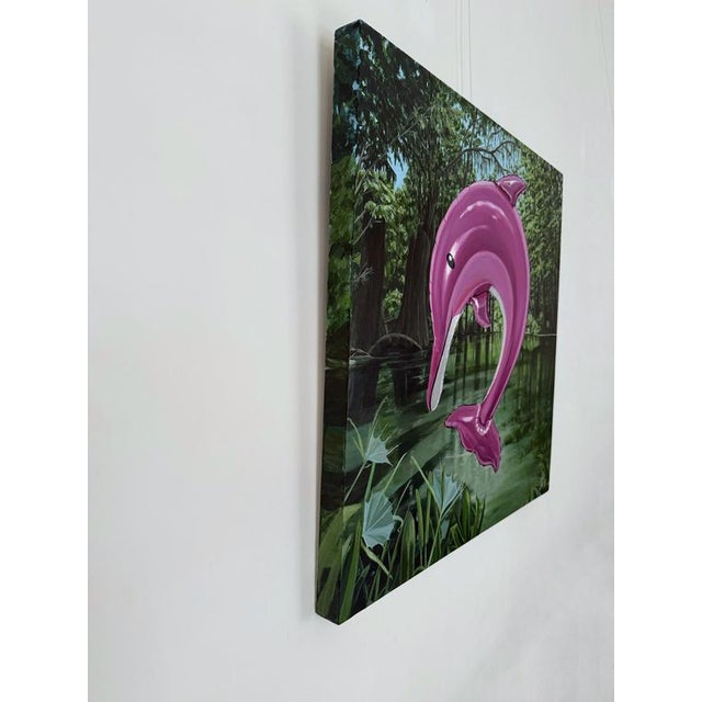Contemporary Sofía Cristina Jiménez, Pink Inflatable Dolphin in an Amazon Forest River Landscape, Acrylic Painting, 2025 For Sale - Image 3 of 10