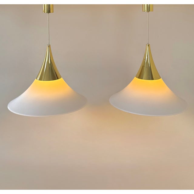 Gold Pendant Lights in Brass and Opaline Glass from Limburg, Germany, 1970, Set of 2 For Sale - Image 8 of 8