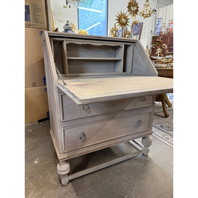 French Country 19th Century French Stripped Oak Secretary Desk With Carved Details For Sale - Image 3 of 9