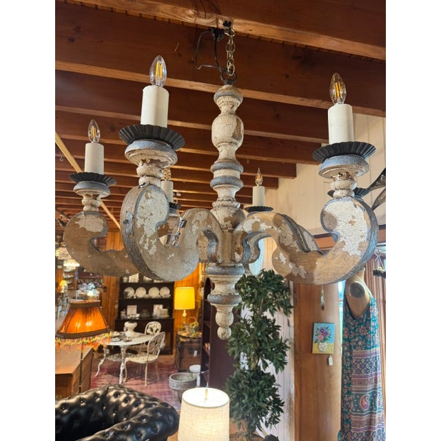 Early 20th Century Large Blue and White Chippy Wood Chandelier For Sale - Image 12 of 14