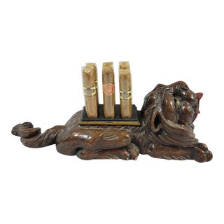 1900 Swiss Black Forest Lion Cigar Holder Carving For Sale