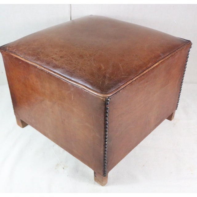 Mid 20th Century Mid 20th Century French Leather Club Pouf For Sale - Image 5 of 8