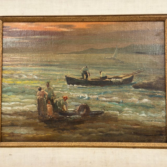 Sky Blue Antique Italian Coastal Village Fishermen Oil Painting – Salvaged Canvas Fragment For Sale - Image 8 of 12