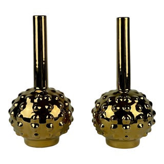 Pair of Vintage 1990s Golden Nubby Ball Ceramic Vases Attributed to Johnathan Adler For Sale