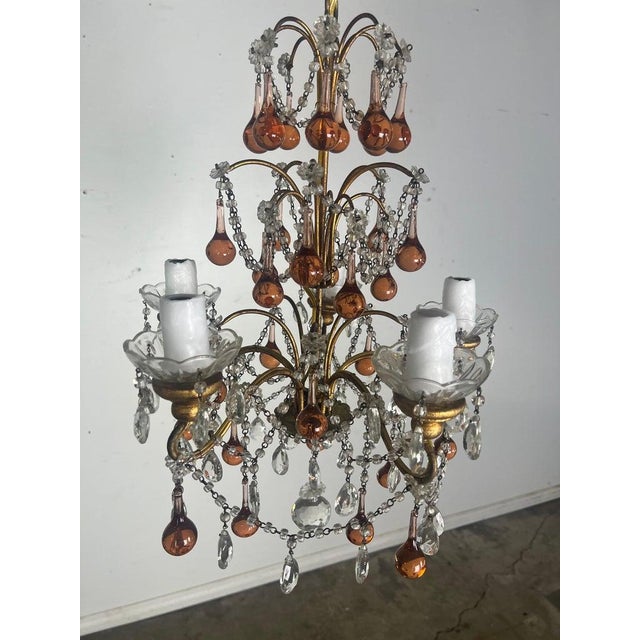 Rococo Five Light Amber Crystal Beaded Chandelier C. 1930's For Sale - Image 3 of 8