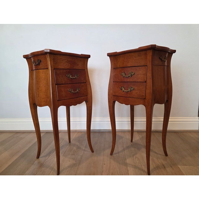 Vintage French Louis XV Style Fruitwood Bombe Nightstands End Tables - A Pair For Sale - Image 18 of 18