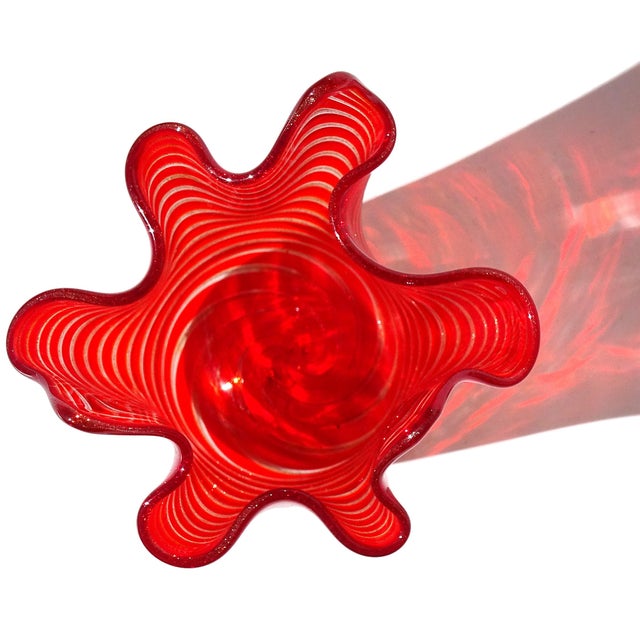 Late 20th Century Vintage Murano Bright Red Aventurine Ribbons Italian Art Glass Sculptural Fazzoletto Mini Flower Vase For Sale - Image 5 of 8