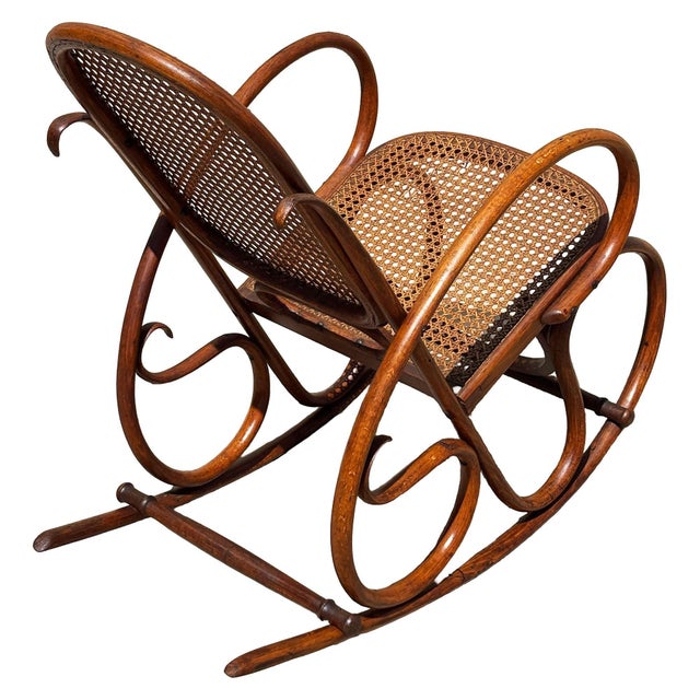 Antique Vienna Secession Cane & Bent Oak Scrolling Children Sized Rocking Chair, Attributed to Thonet For Sale - Image 4 of 6