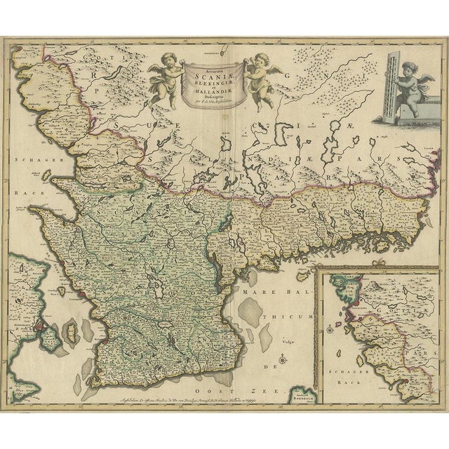 South Sweden Map with Inset of Halmstad – Antique Map by Frederik de Wit, c.1680 This richly detailed antique map titled...