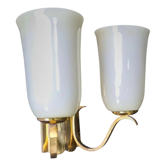 Mid-Century Brass Wall Light with Opaline Glass Shades, Germany, 1950s For Sale