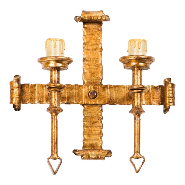 1950s Spanish Gilt Metal 2-Light Wall Sconce For Sale