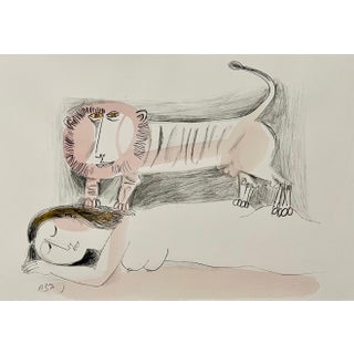 Naftali Bezem, Rare Israeli Modernist Judaica Watercolor Painting Lion Lithograph Naftali Bezem, 1970 For Sale