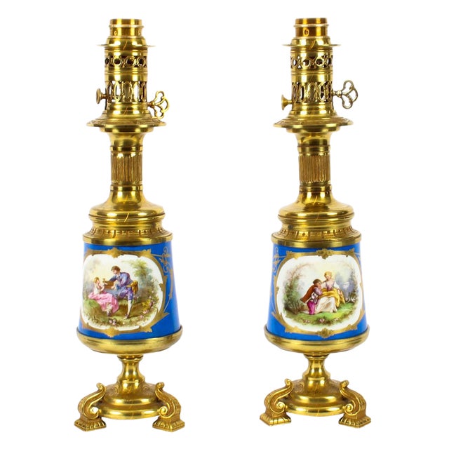 French Bleu Céleste Sèvres Vase Lamps, 19th Century, Set of 2 For Sale