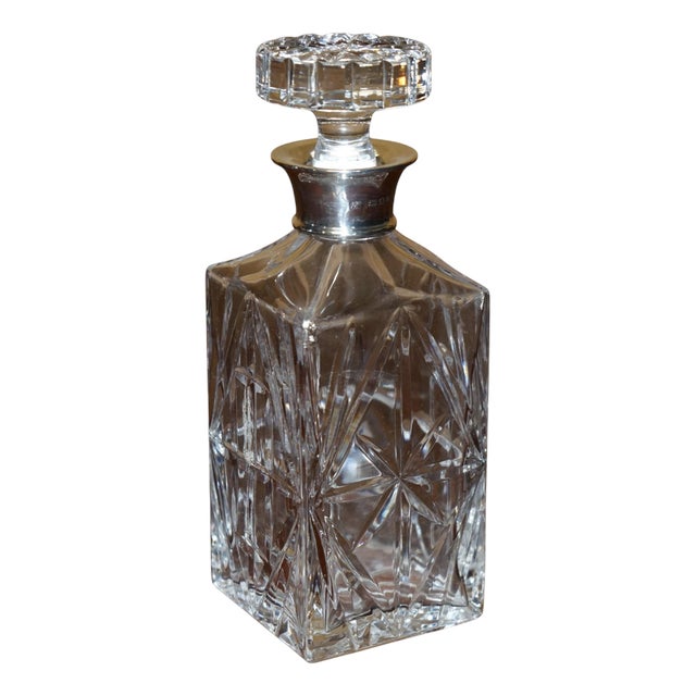 Antique Whisky Spirit Decanter with Sterling Silver Collar by David Shaw, 1978 For Sale