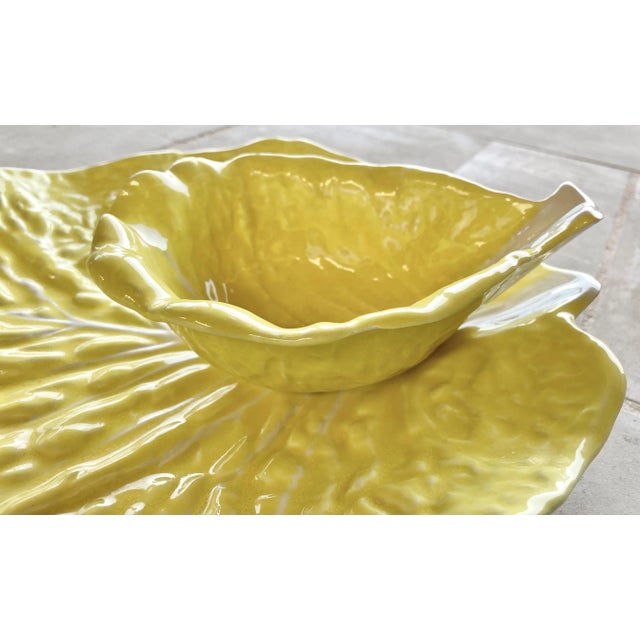 Mid/Late MidCentury MajolicaInspired Lettuce Ware Crudité Platter & Attached Bowl Attributed