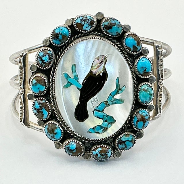 American 1970s Vintage Southwestern Dine’ Navajo Ben Touchine Turquoise & Sterling Large Cuff Bracelet - 7” For Sale - Image 3 of 11