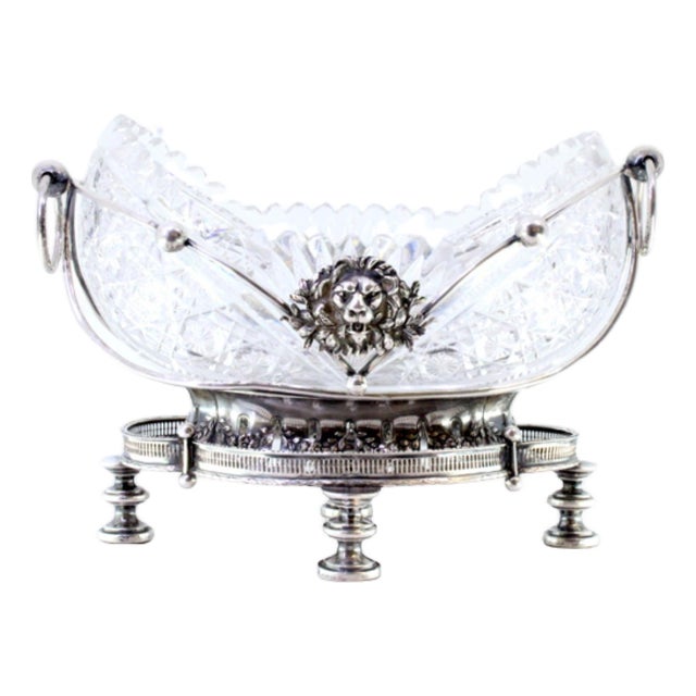 Silver and Cut Glass Fruit Bowl Centerpiece with Relief Masks and Applications For Sale