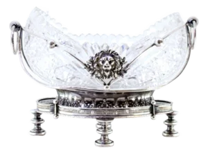 Silver and Cut Glass Fruit Bowl Centerpiece with Relief Masks and Applications