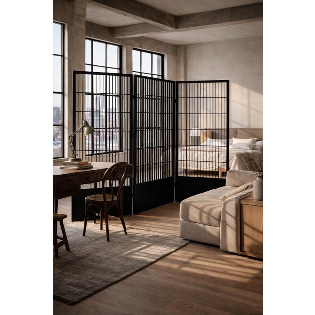 Title: Large Three-Panel Black Slatted Room Divider Screen — Japandi Style Architectural Folding Screen --- Mobile-Ready...
