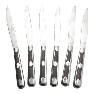 1960s Vintage Martin Pecheur-Style 6 French Inlay Serrated Steak Knives For Sale