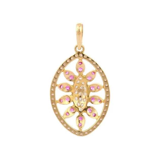 Art Deco Contemporary Red Ruby and Diamond Pendant Encrusted in 18k Yellow Gold For Sale - Image 3 of 6