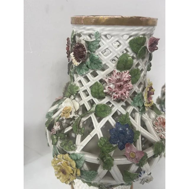 Polychrome Openwork Porcelain Baluster Vases, Saxony, Germany, 19th Century, Set of 2 For Sale - Image 6 of 15