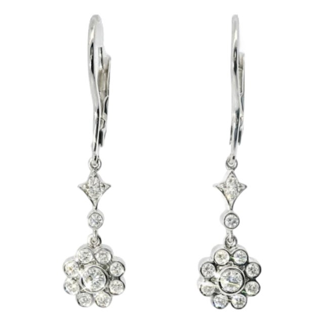 14K White Gold Floral Diamond Drop Earrings Estate For Sale