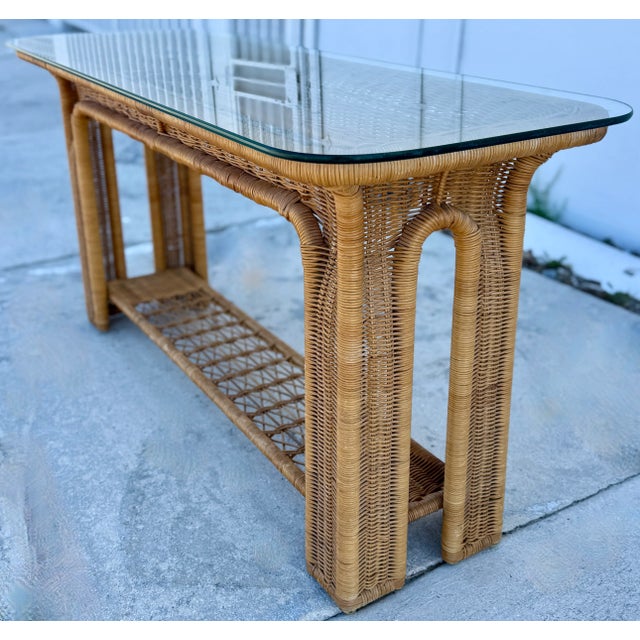 Boho Chic Two-Tiered Rattan & Glass Console Table From 80's For Sale - Image 3 of 6
