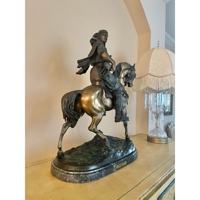 Mid-Century Modern Vintage Bronze Figure of Horse & Rider “Cavalier Arabe” on Marble Signed Bayre For Sale - Image 3 of 11