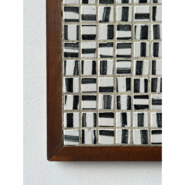 Vintage Black + White Glazed Ceramic Tile Artwork in Teak Frame, Circa 1950s For Sale - Image 12 of 14