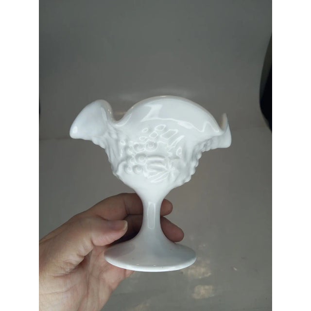 1950s 1950s Indiana Milk Glass Ruffled Grape and Leaves Small Compote Sundae Dish For Sale - Image 5 of 7